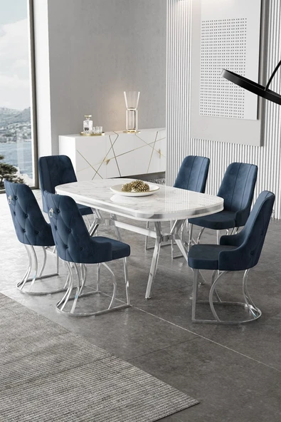 Canisa Epal Serisi 90x168 Lak Panel Beyaz Mermer Desen Masa Takımı Krom Ayaklı 6 Antrasit Sandalye ürün görseli 1