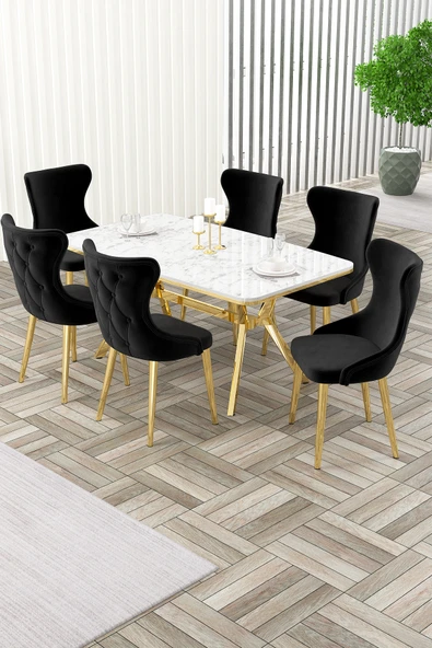 Canisa Esla Serisi 90x160 Lak Panel Beyaz Mermer Desen Gold Ayaklı Masa Takımı ve 6 Siyah Sandalye ürün görseli 1