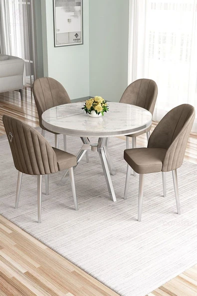 Canisa Mos Serisi 90x90 Lak Panel Beyaz Mermer Desen Mutfak Masası Takımı Ve 4 Cappucino Sandalye ürün görseli 1