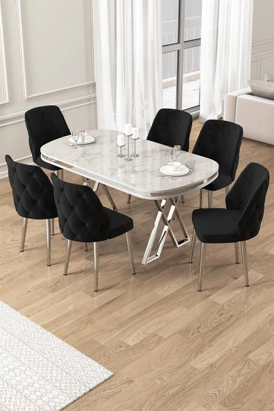 Canisa Afe Serisi 90x168 Lak Panel Beyaz Mermer Desen Krom Ayak Masa Takımı 6 Siyah Sandalye ürün görseli 1