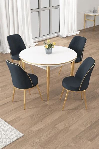 Canisa Osle Serisi 90x90 Yuvarlak Beyaz Mutfak Masa Takımı 4 Sandalye Gold Detay ürün görseli 1