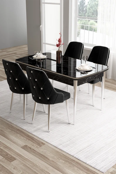 Canisa Tia Serisi 80x132 Mdf Açılabilir Siyah Mermer Desen Krom Detay Masa Takımı Ve 4 Siyah Sandalye ürün görseli 1