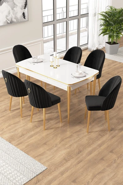 Canisa Edaf Serisi 80x132 Açılabilir Beyaz Mutfak Masa Takımı 6 Siyah Sandalye Gold Detay ürün görseli 1