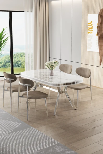 Canisa Olya Serisi 90x168 Lak Panel Beyaz Mermer Desen Masa Takımı Krom Ayaklı 4 Cappucino Sandalye ürün görseli 1