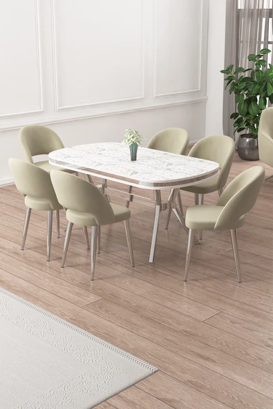 Canisa Jita Serisi 90x168 Lak Panel Beyaz Mermer Desen Krom Ayak Masa Takımı ve 6 Krem Sandalye ürün görseli 1