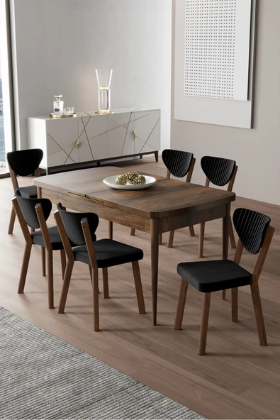 Canisa Exve Serisi 80x132 Açılabilir Barok Ahşap Desen Masa Takımı ve 6 Siyah Sandalye ürün görseli 1