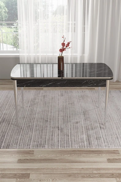 Canisa Tia Serisi 80x132 Açılabilir Mdf Mutfak Masası Siyah Mermer Desen Masa Krom Detay ürün görseli 1