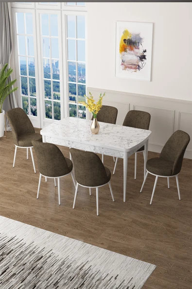 Canisa Zen Serisi 80x132 Mdf Açılabilir Beyaz Mermer Desen Masa Takımı Ve 6 Kahverengi Sandalye ürün görseli 1