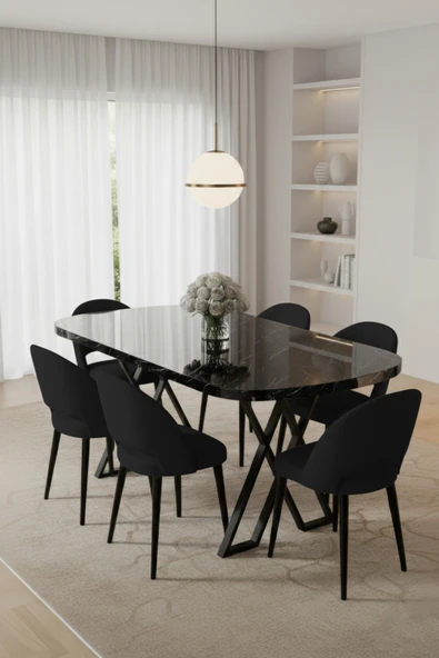 Canisa Arvon Serisi MDF 90x168 Sabit Siyah Mermer Desen Mutfak Masa Takımı 6 Siyah Sandalye ürün görseli 1