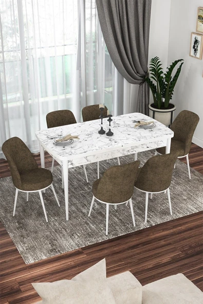 Canisa Kor Serisi 70x114 Açılabilir Mutfak Masası Takımı Beyaz Mermer Desen Masa 6 Kahverengi Sandalye ürün görseli 1