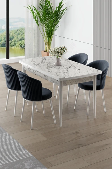 Canisa Asfel Serisi MDF 77x130 Beyaz Mermer Desen Yandan Açılabilir Mutfak Masa Takımı 4 Antrasit Sandalye ürün görseli 1