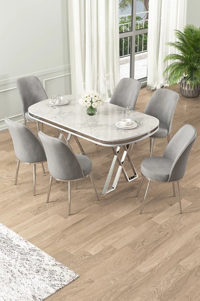 Canisa Lai Serisi 90x168 Lak Panel Beyaz Mermer Desen Krom Ayak Masa Takımı 6 Gri Sandalye ürün görseli 1