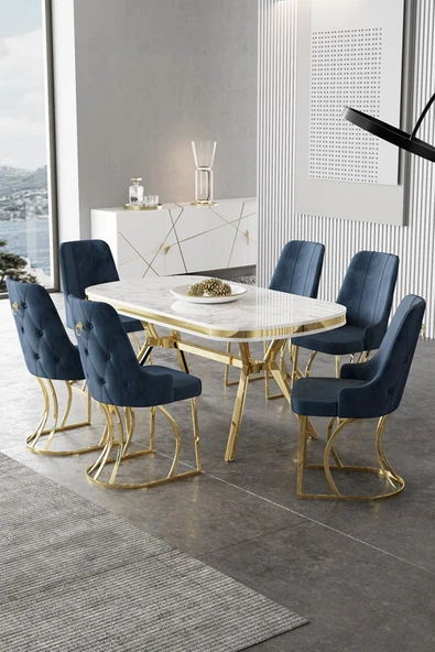 Canisa Epal Serisi 90x168 Lak Panel Beyaz Mermer Desen Masa Takımı Gold Ayaklı 6 Antrasit Sandalye ürün görseli 1