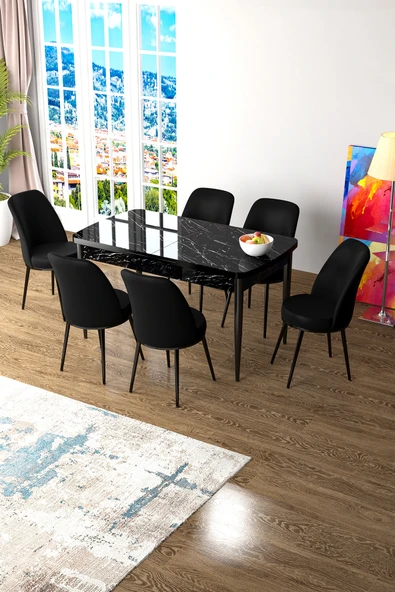 Canisa Zen Serisi 80x132 Mdf Açılabilir Siyah Mermer Desen Masa Takımı Ve 6 Siyah Sandalye ürün görseli 1