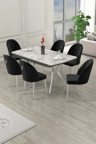 Canisa Sim Serisi 89x150 Açılabilir Lak Panel Rampla Gri Masa Takımı 6 Siyah Sandalye ürün görseli 1