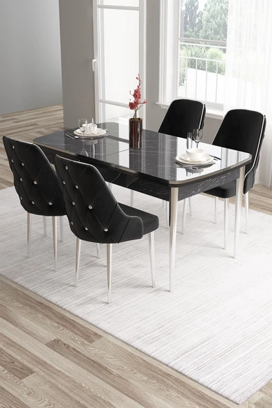Canisa Tia Serisi, Siyah Mermer Desen 80x132 Açılabilir Mdf Yemek Odası Takımı 4 Siyah Sandalye Gümüş Detay ürün görseli 1