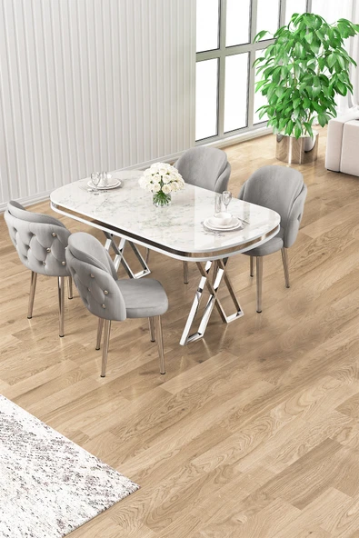 Canisa Zae Serisi 90x168 Lak Panel Beyaz Mermer Desen Krom Ayak Masa Takımı 4 Gri Sandalye ürün görseli 1
