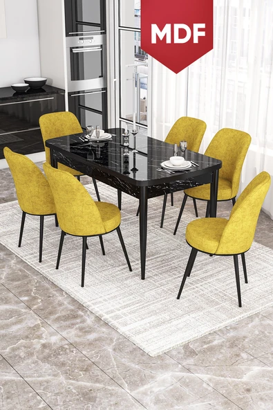 Canisa Kor Serisi 70x114 Açılabilir MDF Mutfak Masası Takımı Siyah Mermer Desen Masa 6 Hardal Sandalye ürün görseli 1