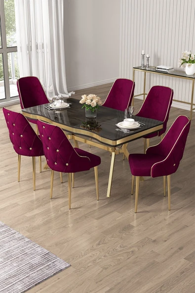 Canisa Vae Serisi 90x160 Lak Panel Antrasit Ironi Gold Ayak Masa Takımı 6 Mürdüm Sandalye ürün görseli 1