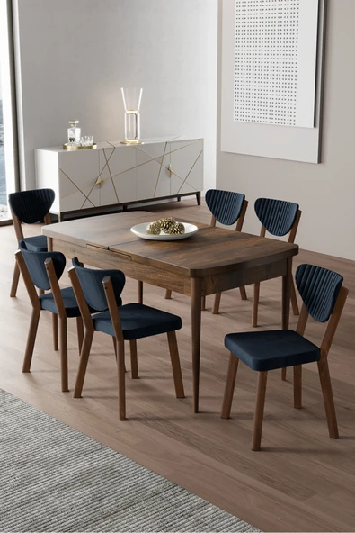 Canisa Exve Serisi 80x132 Açılabilir Barok Ahşap Desen Masa Takımı ve 6 Antrasit Sandalye ürün görseli 1