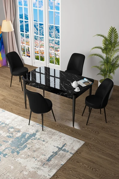 Canisa Zen Serisi 80x132 Mdf Açılabilir Siyah Mermer Desen Masa Takımı Ve 4 Siyah Sandalye ürün görseli 1