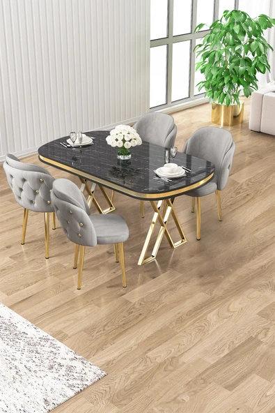 Canisa Zae Serisi 90x168 Lak Panel Siyah Mermer Desen Gold Ayak Masa Takımı 4 Gri Sandalye ürün görseli 1