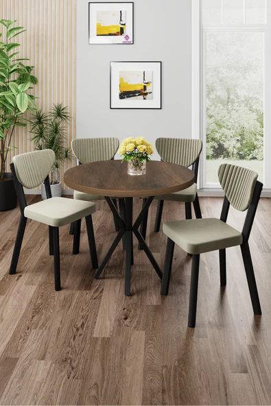 Canisa Agnes Serisi 90x90 Yuvarlak Barok Ahşap Desen Masa Takımı ve 4 Krem Sandalye ürün görseli 1