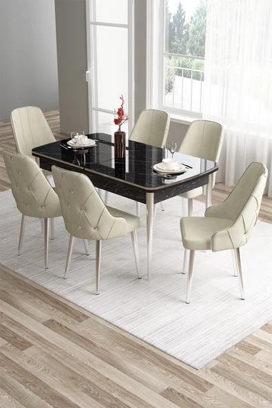 Canisa Tia Serisi Barok Ahşap 80x132 Açılabilir Mdf Yemek Odası Takımı 6 Cappucino Sandalye Gold Detay ürün görseli 1