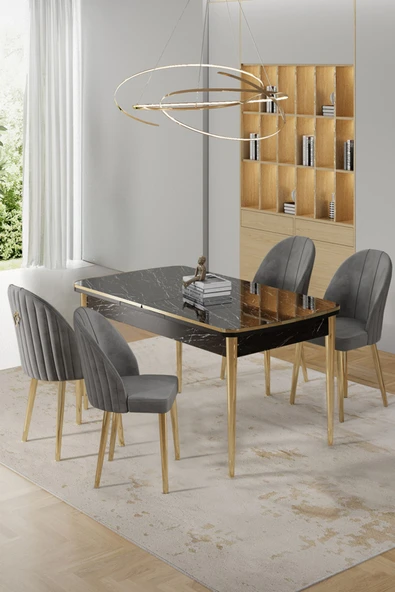 Canisa Rada Serisi 80x132 Açılabilir Lak Panel Siyah Mermer Desen Masa 4 Gri Sandalye Gold Detay ürün görseli 1