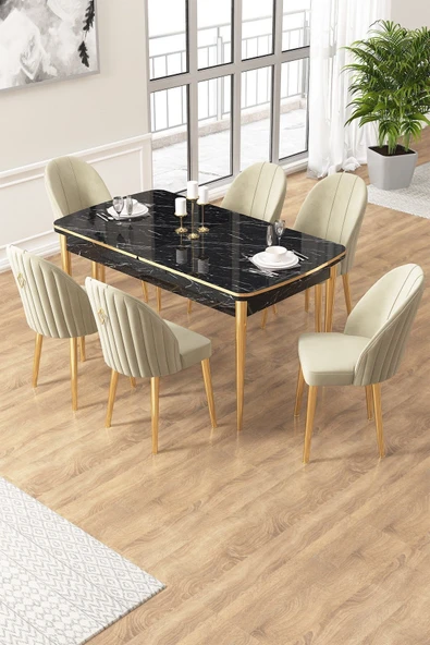 Canisa Edaf Serisi 80x132 Açılabilir Siyah Mermer Desen Mutfak Masa Takımı 6 Krem Sandalye Gold Detay ürün görseli 1