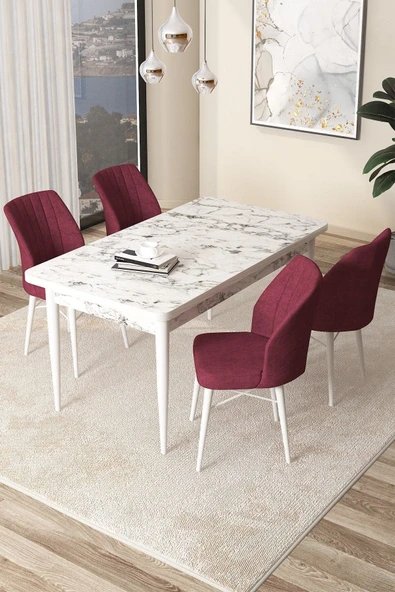 Canisa Arp Serisi 70x110 Sabit Mutfak Masası Takımı Beyaz Mermer Desen Masa 4 Bordo Sandalye ürün görseli 1