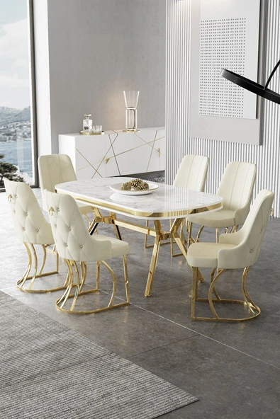 Canisa Epal Serisi 90x168 Lak Panel Beyaz Mermer Desen Masa Takımı Gold Ayaklı 6 Krem Sandalye ürün görseli 1