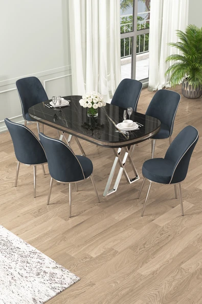 Canisa Lai Serisi 90x168 Lak Panel Sonata Krom Ayak Masa Takımı 6 Antrasit Sandalye ürün görseli 1