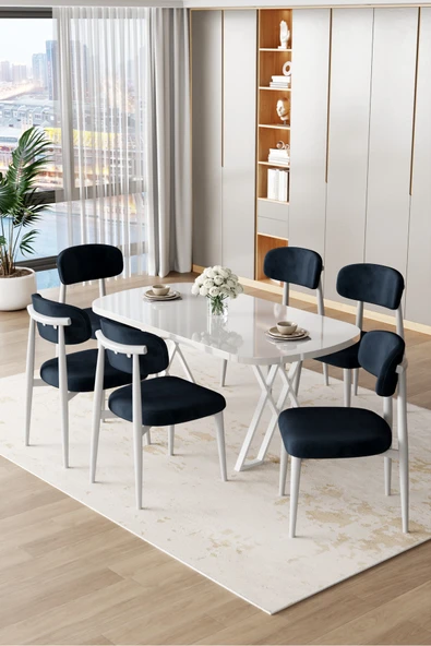 Canisa Jolin Serisi Mdf 90x168 Beyaz Mutfak Masa Takımı 6 Antrasit Metal Sandalye ürün görseli 1