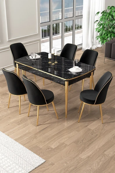 Canisa Pale Serisi 80x132 Açılabilir Siyah Mermer Desen Mutfak Masa Takımı 6 Siyah Sandalye Gold Detay ürün görseli 1