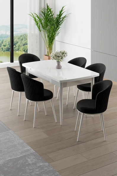 Canisa Asfel Serisi MDF 77x130 Beyaz Yandan Açılabilir Mutfak Masası Takımı 6 Siyah Sandalye ürün görseli 1