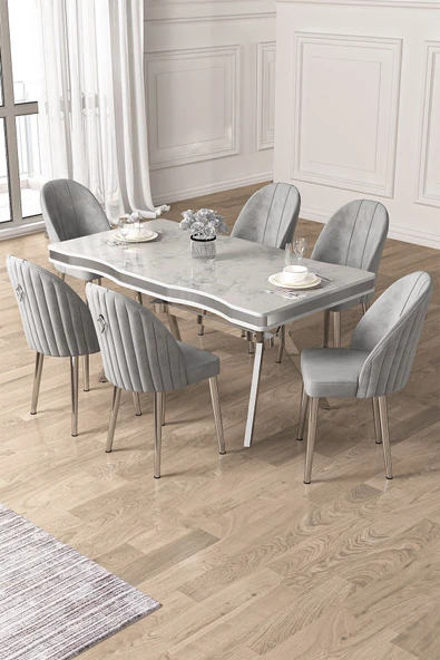 Canisa Pem Serisi 90x160 Lak Panel Beyaz Mermer Desen Krom Ayak Masa Takımı 6 Gri Sandalye ürün görseli 1