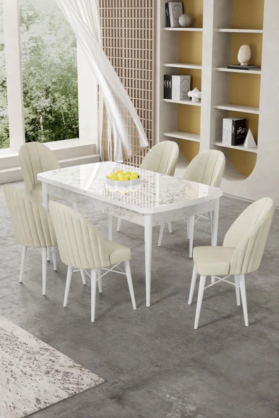 Canisa Gale Serisi 80x132 Açılabilir Lak Panel Beyaz Mermer Desen Mutfak Masa Takımı 6 Krem Sandalye ürün görseli 1