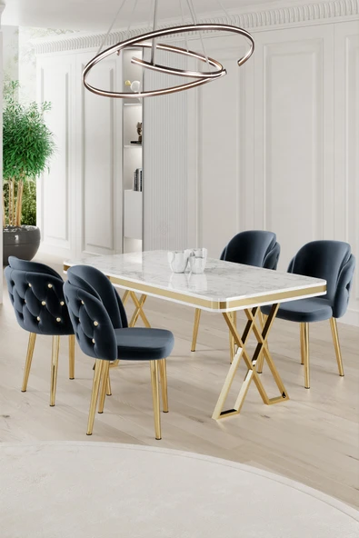 Canisa Rigel Serisi 80x130 Lak Panel Beyaz Mermer Desen Masa Takımı Gold Ayaklı 4 Antrasit Sandalye ürün görseli 1