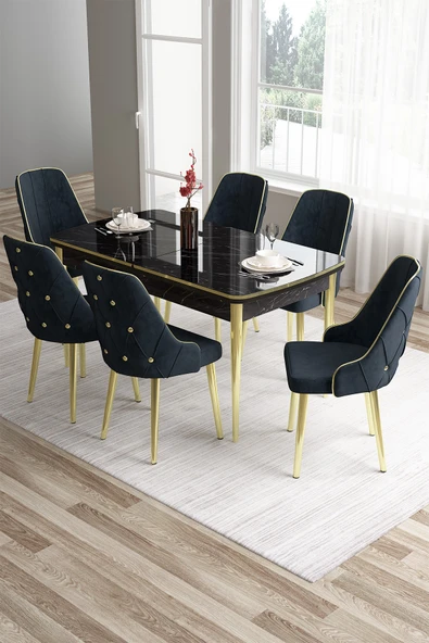 Canisa Tia Serisi 80x132 Açılabilir Mdf Siyah Mermer Desen Gold Detay Masa Takımı Ve 6 Antrasit Sandalye ürün görseli 1