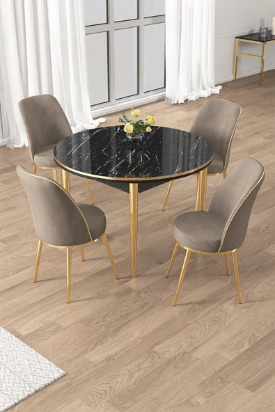 Canisa Osle Serisi 90x90 Yuvarlak Siyah Mermer Desen Mutfak Masa Takımı 4 Cappucino Sandalye Gold Detay ürün görseli 1