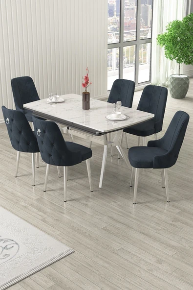 Canisa Nis Serisi 89x150 Açılabilir Lak Panel Beyaz Mermer Desen Masa Takımı 6 Antrasit Sandalye ürün görseli 1