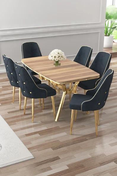 Canisa Asel Serisi 90x160 Lak Panel Hazar Gold Kaplama Ayaklı Masa Takımı Ve 6 Antrasit Sandalye ürün görseli 1