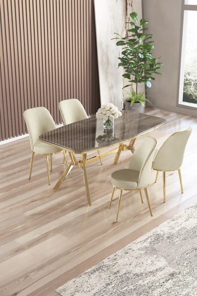 Canisa Lena Serisi 90x160 Lak Panel Antrasit İroni Gold Kaplama Ayaklı Masa Takımı ve 4 Krem Sandalye ürün görseli 1