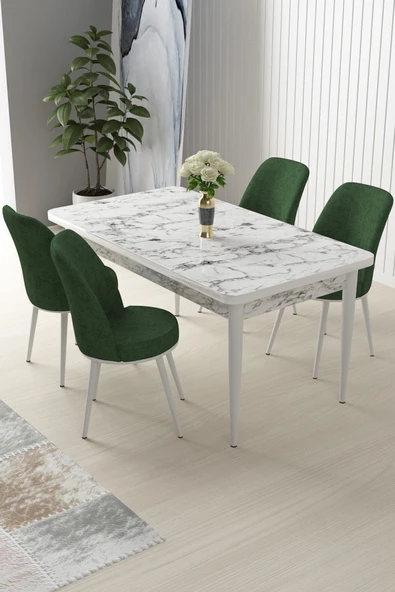Canisa Nil Serisi 70x110 Sabit Mutfak Masası Takımı Beyaz Mermer Desen Masa 4 Haki Yeşil Sandalye ürün görseli 1
