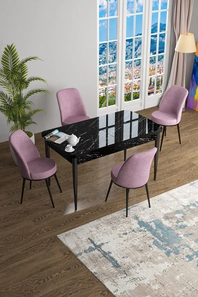 Canisa Han Serisi, Siyah Mermer Desen 70x114 Açılabilir Mdf Mutfak Masa Takımı, 4 Pembe Sandalye ürün görseli 1