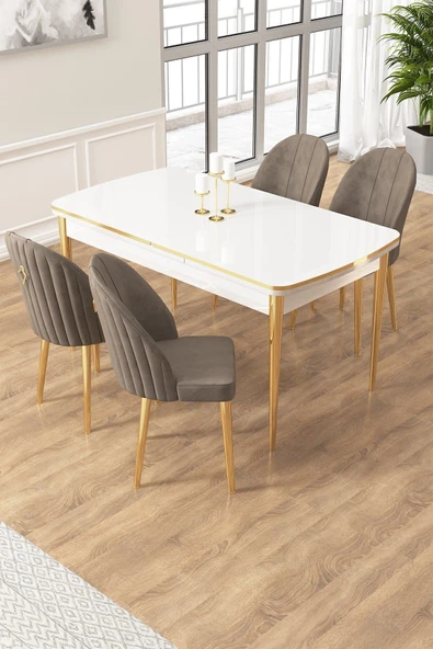 Canisa Edaf Serisi 80x132 Açılabilir Beyaz Mutfak Masa Takımı 4 Cappucino Sandalye Gold Detay ürün görseli 1