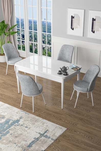 Canisa Concept Kor Serisi 70x114 Açılabilir MDF Mutfak Masası Takımı Beyaz Masa 4 Gri Sandalye ürün görseli 1