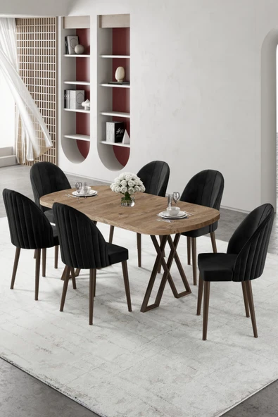 Canisa Kaye Serisi Mdf 90x168 Atlantik Çam Mutfak Masa Takımı 6 Siyah Sandalye ürün görseli 1