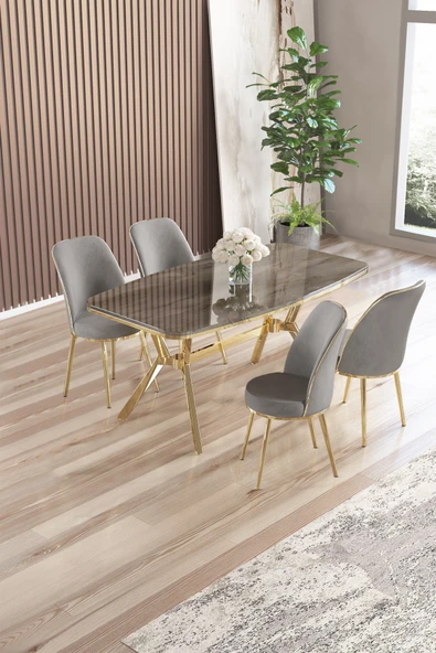 Canisa Lena Serisi 90x160 Lak Panel Antrasit İroni Gold Kaplama Ayaklı Masa Takımı ve 4 Gri Sandalye ürün görseli 1
